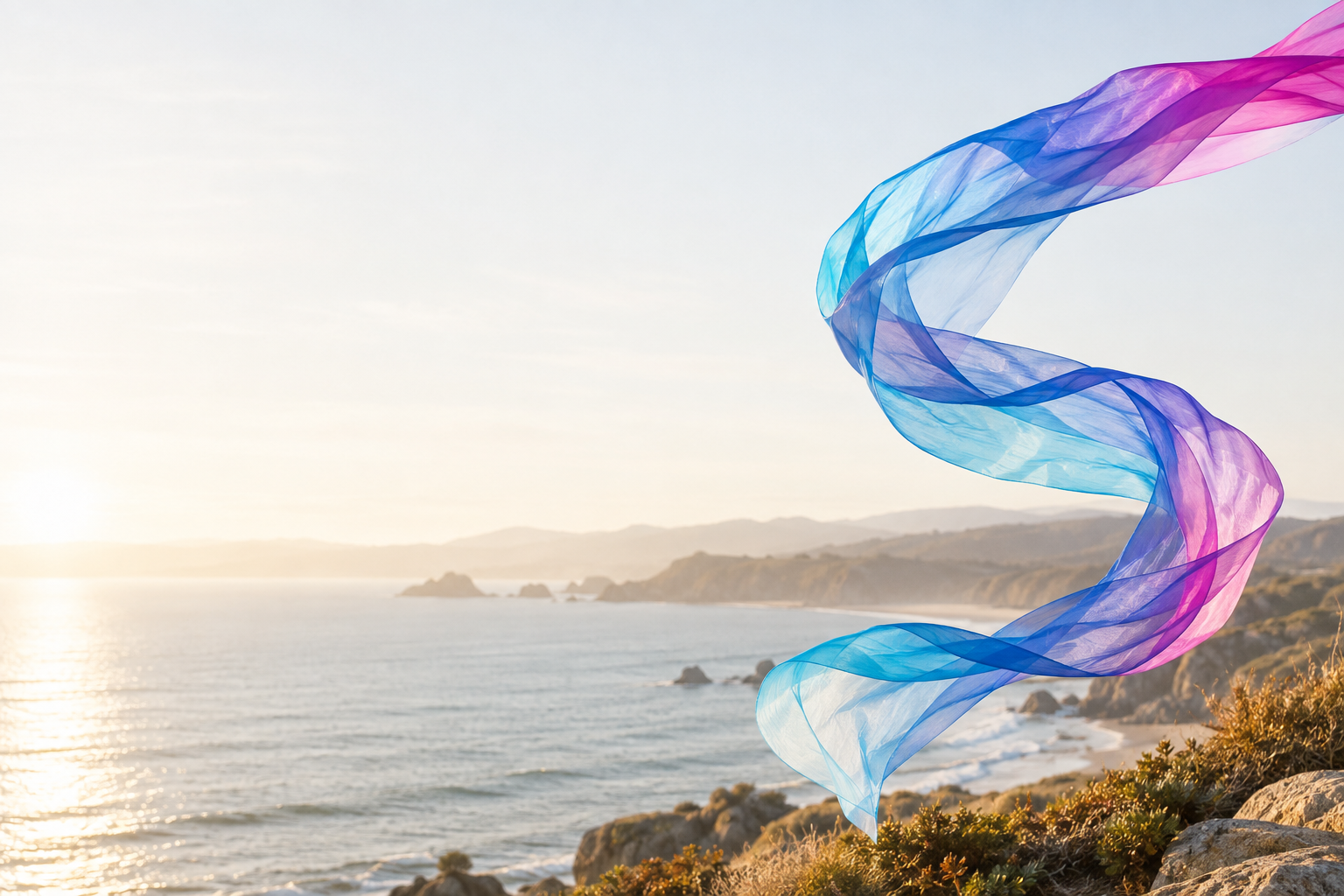 A flowing cyan, blue, violet, and magenta ribbon above a coast